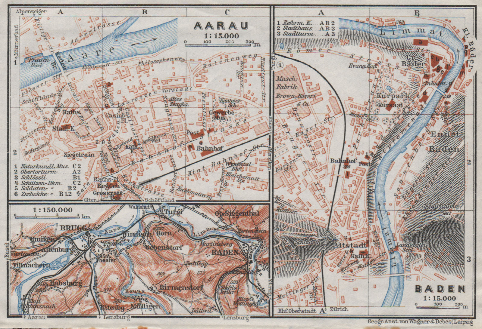 BADEN. AARAU. Brugg. town city stadtplan. Switzerland Suisse Schweiz 1928 map